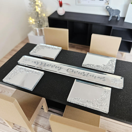 Dolls House Christmas Mirror Dining Set | Snowflake Table Runner & Placemats | Festive Decor | 1:12 Scale