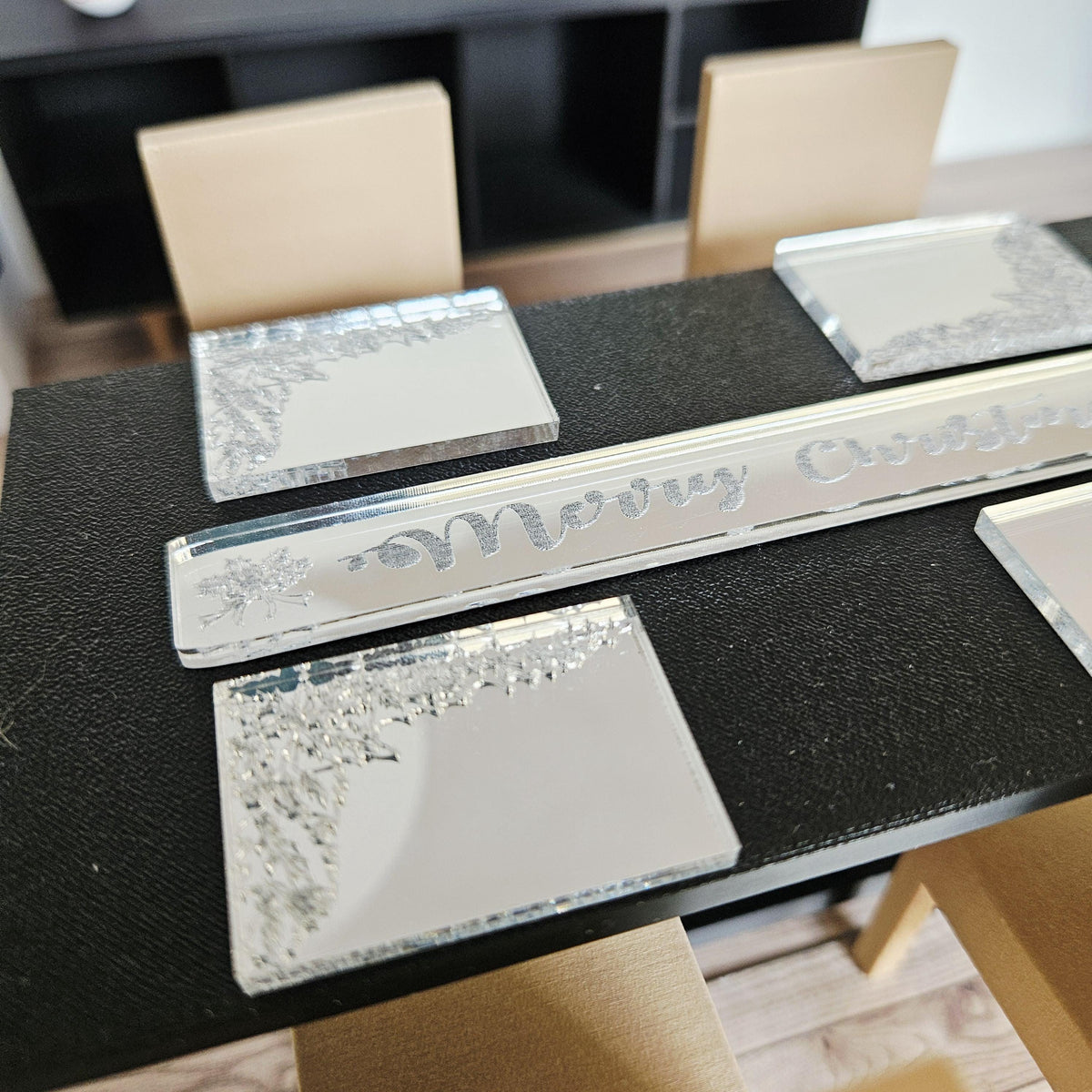 Dolls House Christmas Mirror Dining Set | Snowflake Table Runner & Placemats | Festive Decor | 1:12 Scale