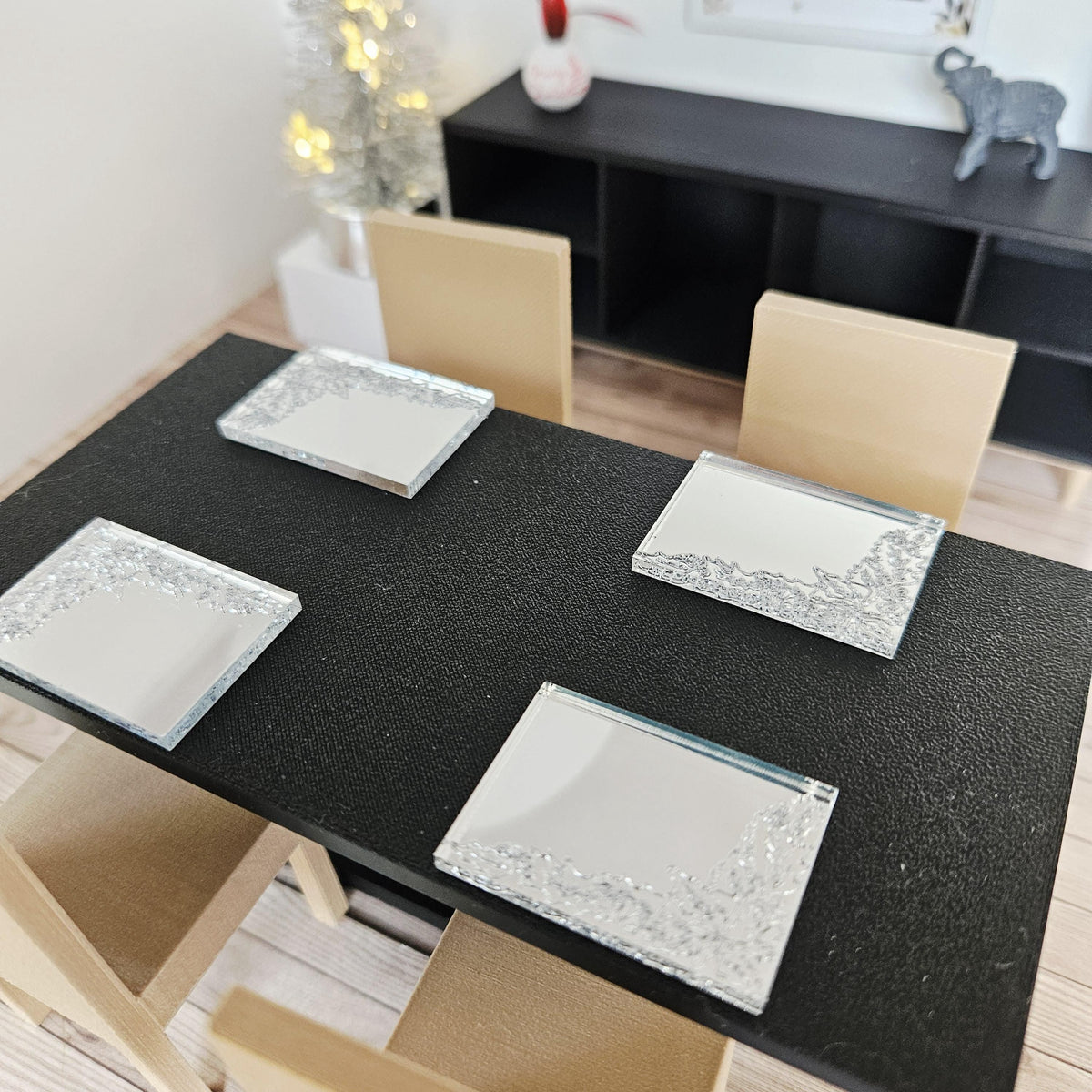 Dolls House Christmas Mirror Dining Set | Snowflake Table Runner & Placemats | Festive Decor | 1:12 Scale