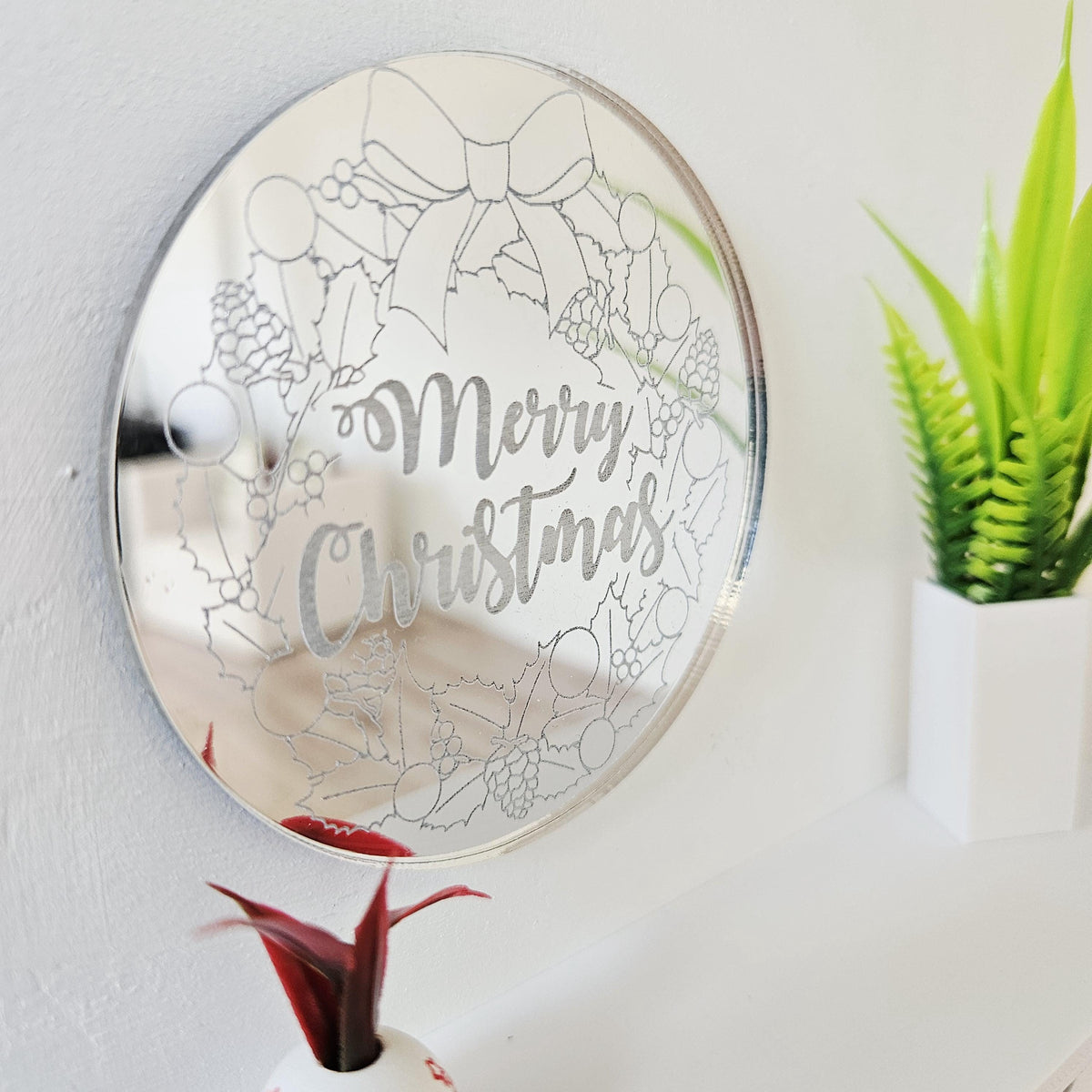 Miniature Merry Christmas Round Mirror – 1:12 Scale Dollhouse Silver Acrylic Wreath