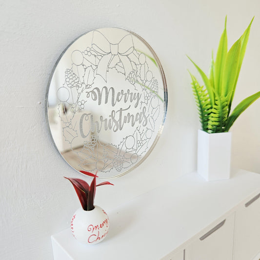 Miniature Merry Christmas Round Mirror – 1:12 Scale Dollhouse Silver Acrylic Wreath