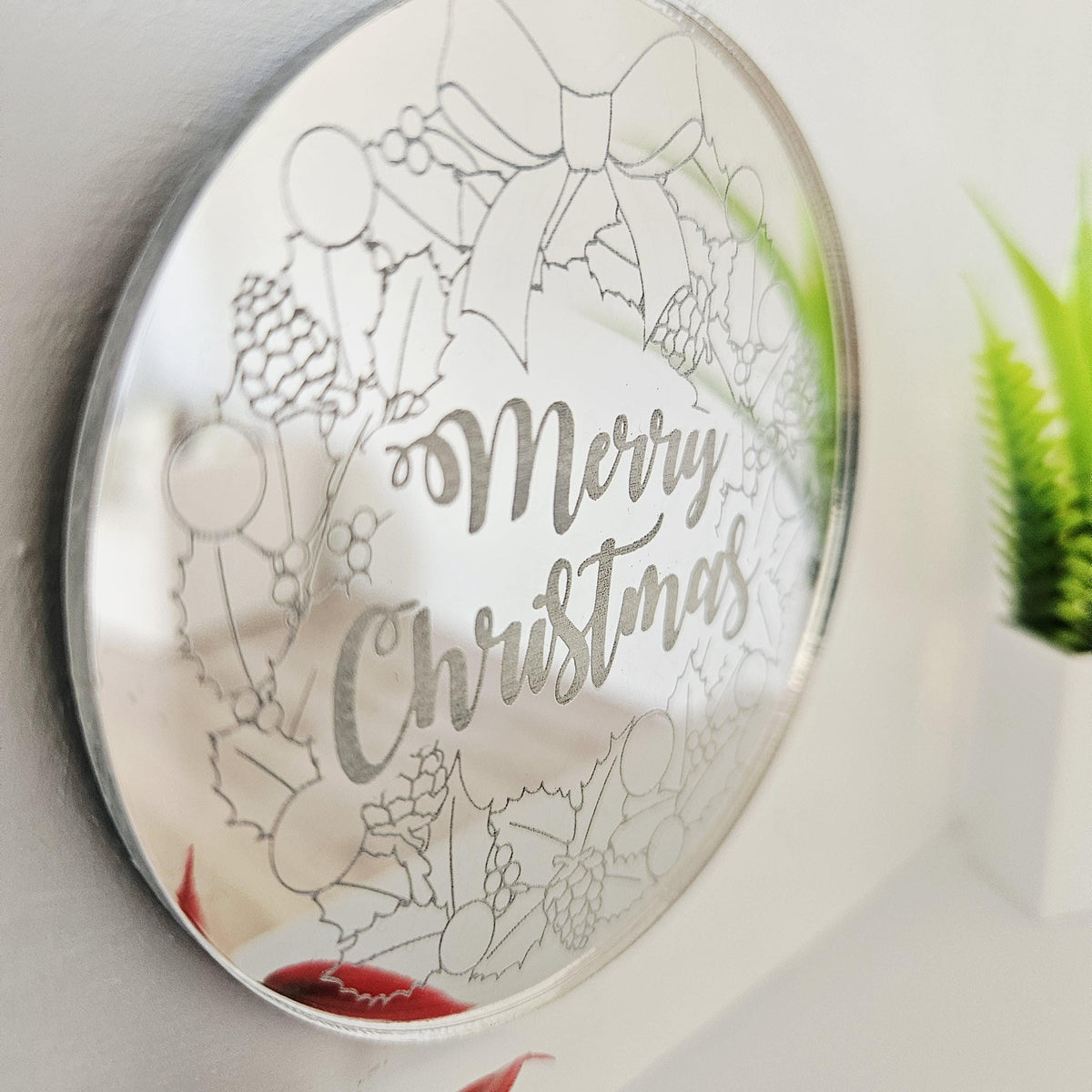 Miniature Merry Christmas Round Mirror – 1:12 Scale Dollhouse Silver Acrylic Wreath