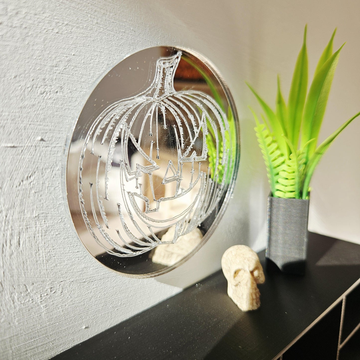 Miniature Round Pumpkin Mirror Silver Acrylic Halloween Wall Art