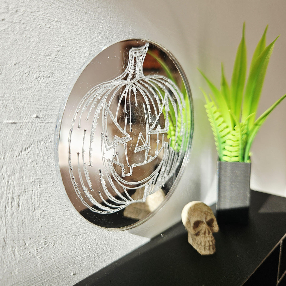 Miniature Round Pumpkin Mirror Silver Acrylic Halloween Wall Art