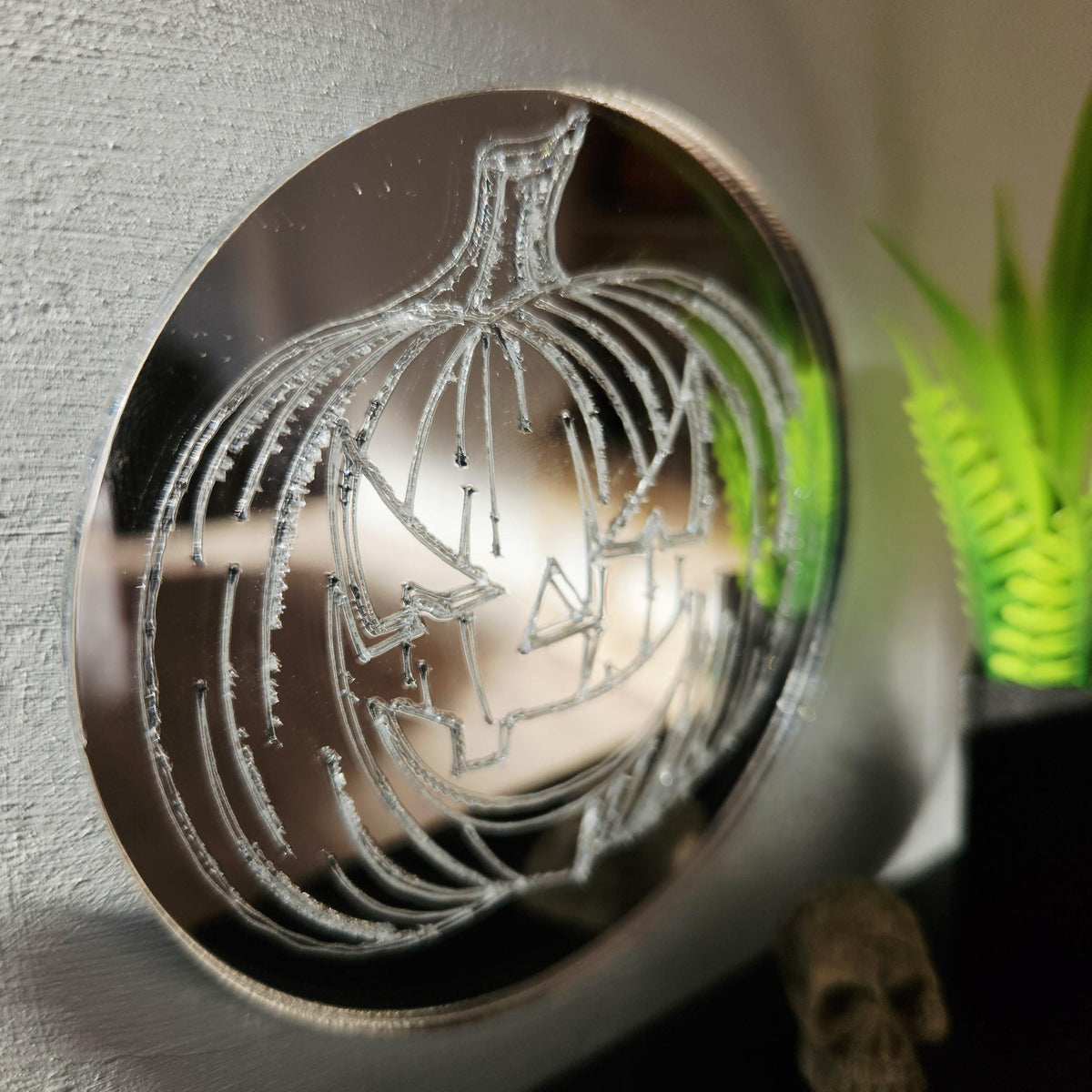 Miniature Round Pumpkin Mirror Silver Acrylic Halloween Wall Art