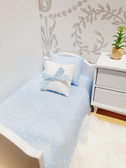 Blue Polka Dot Single Bedding Set | 1:12 scale dolls house miniature