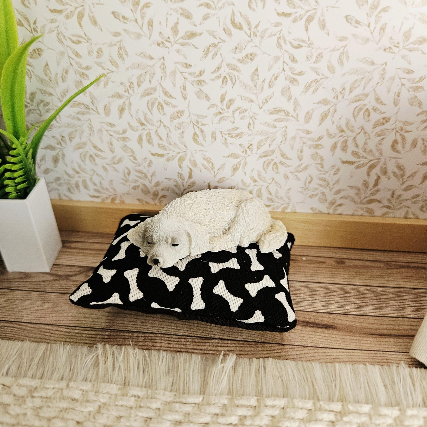 Dolls House Dog Bed: Miniature 12th Scale Pet Bed, Handmade, Bone Print