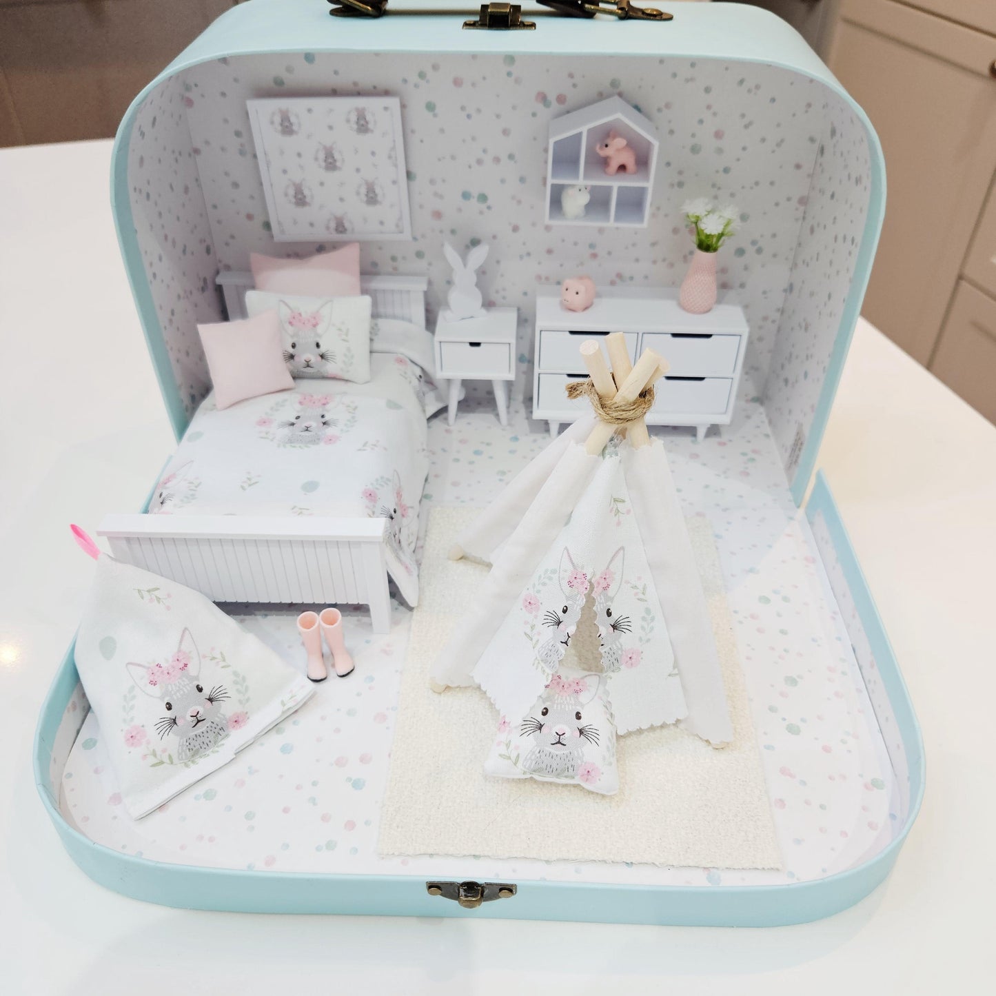 Dolls House in a Travel Suitcase, Pretty Bunny design, 12th Scale, Miniature case