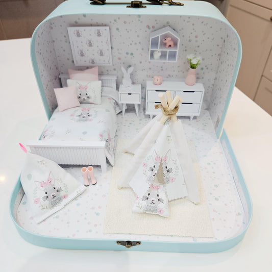 Dolls House in a Travel Suitcase, Pretty Bunny design, 12th Scale, Miniature case