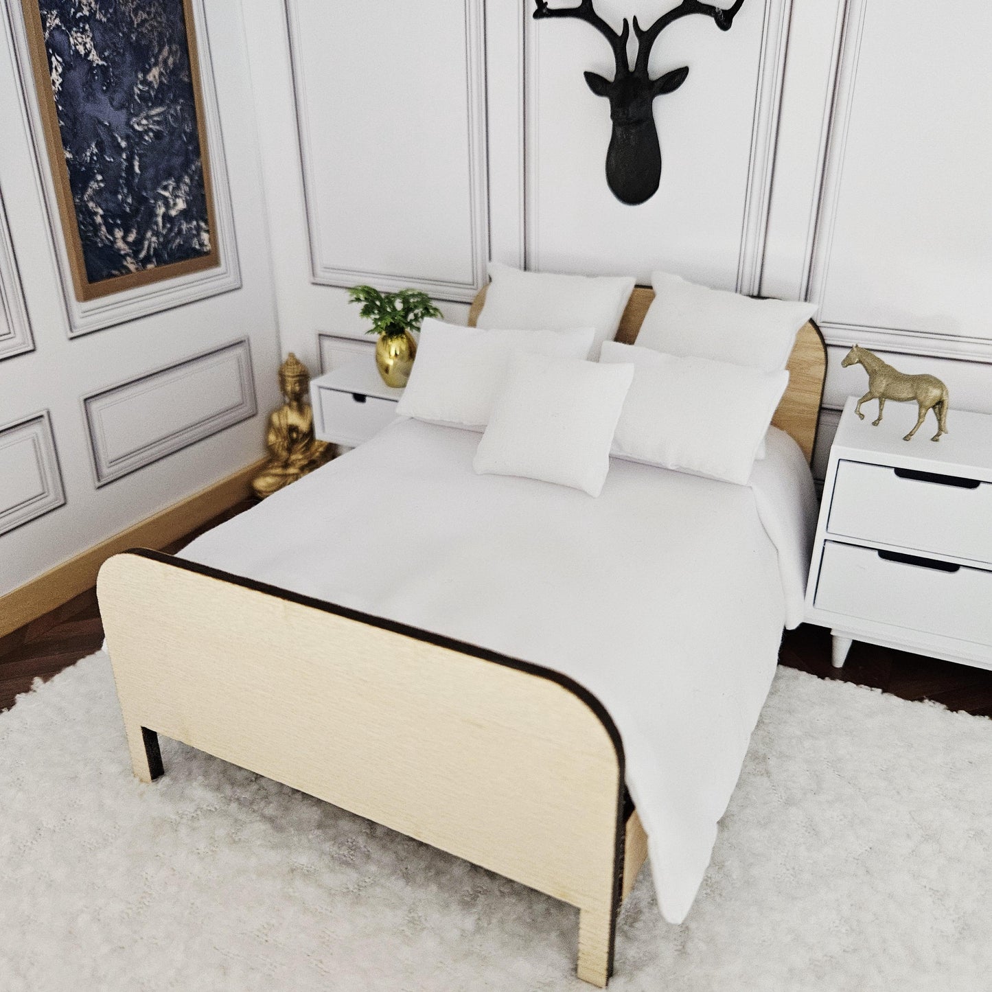 Dolls House Wooden Double Bed | Modern Miniature Bedroom Furniture | 1:12 Scale