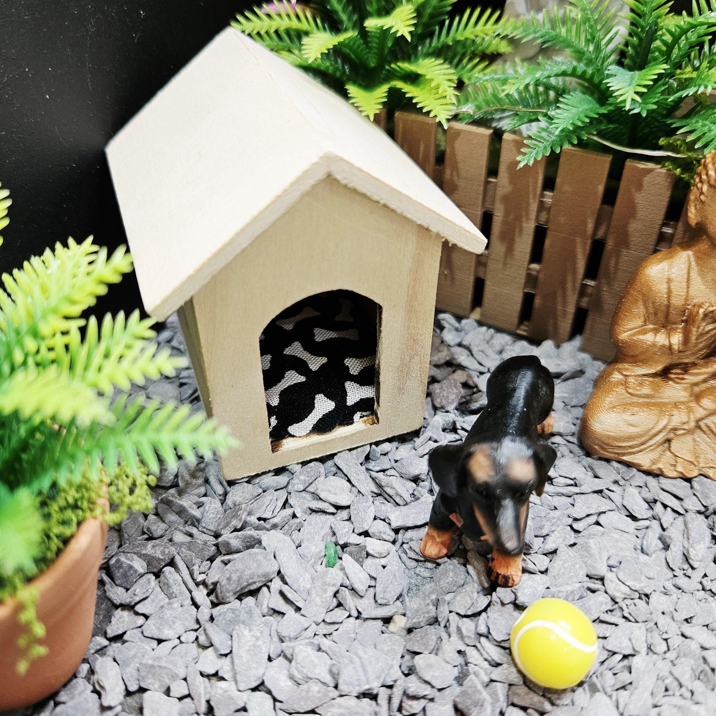 Dolls House Wooden Dog Kennel with Dog Bone bed pad, 12th Scale, Miniature Kennel
