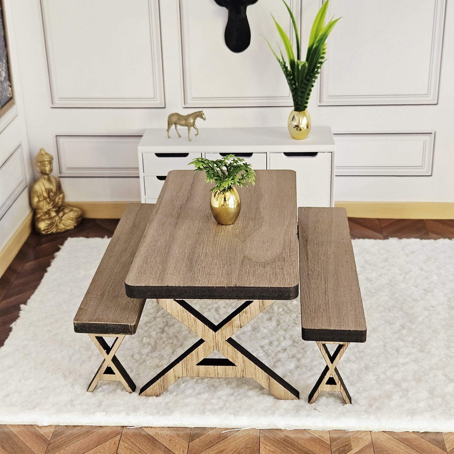 Dolls House Dining Table & Bench Set | 1:12 Scale, Walnut Veneer