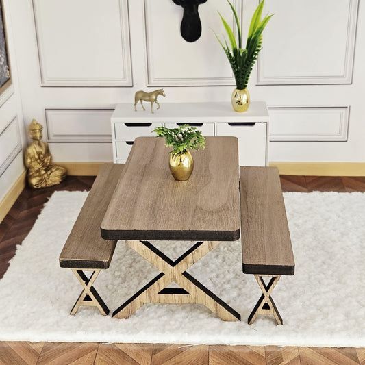 Dolls House Dining Table & Bench Set | 1:12 Scale, Walnut Veneer