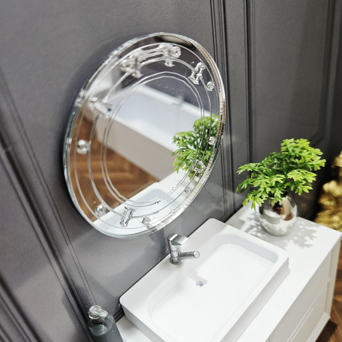 Dolls House Porthole Mirror | Engraved Round Wall Mirror | 1:12 Scale Miniature