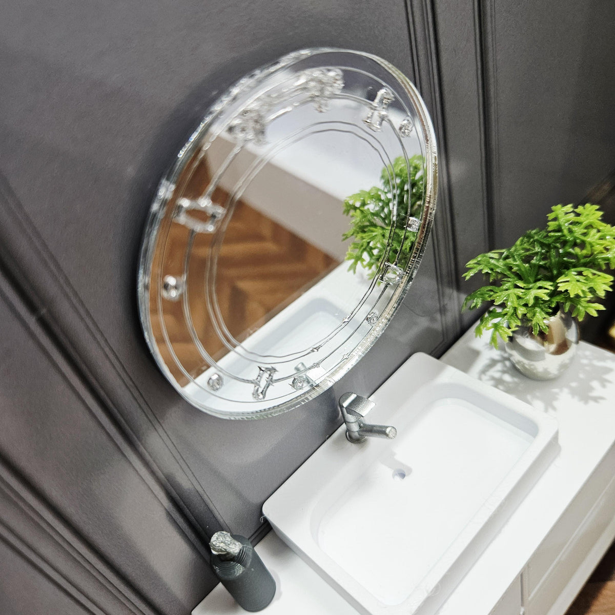 Dolls House Porthole Mirror | Engraved Round Wall Mirror | 1:12 Scale Miniature