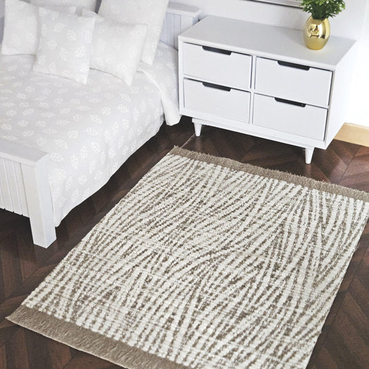 Dolls House Modern Light Beige and White Rug  1:12th Scale, Miniature Rug