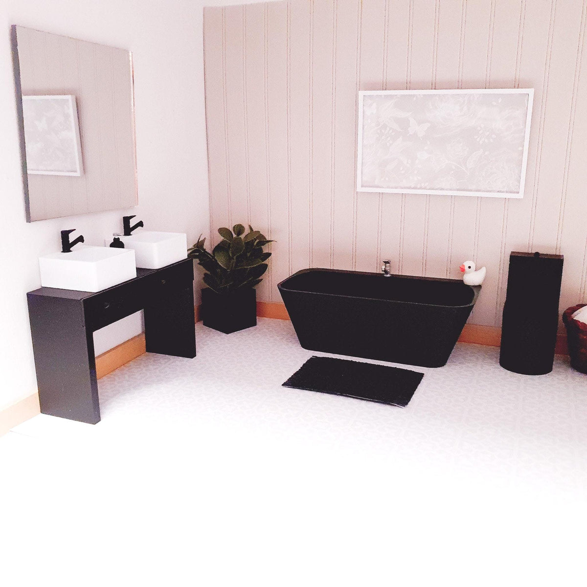 Black Bathroom Set & Double Vanity | 1:12 scale dolls house miniature