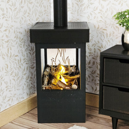 Black Log Burner Fireplace with Light | 1:12 scale dolls house miniature