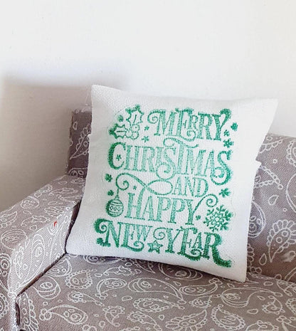 Green Merry Christmas Cushion | 1:12 scale dolls house miniature
