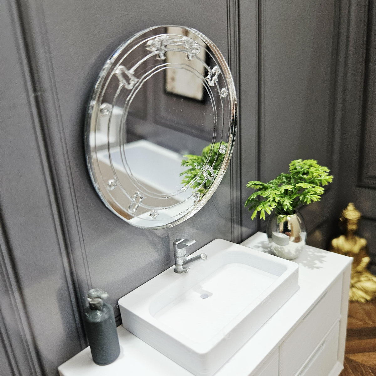 Dolls House Porthole Mirror | Engraved Round Wall Mirror | 1:12 Scale Miniature