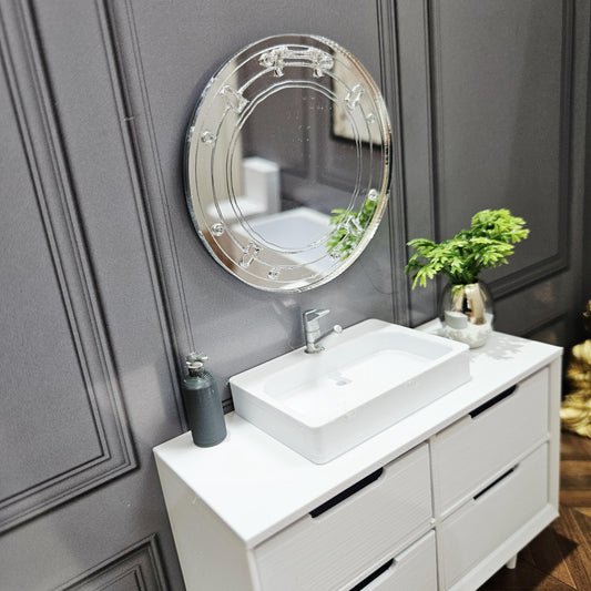 Dolls House Porthole Mirror | Engraved Round Wall Mirror | 1:12 Scale Miniature
