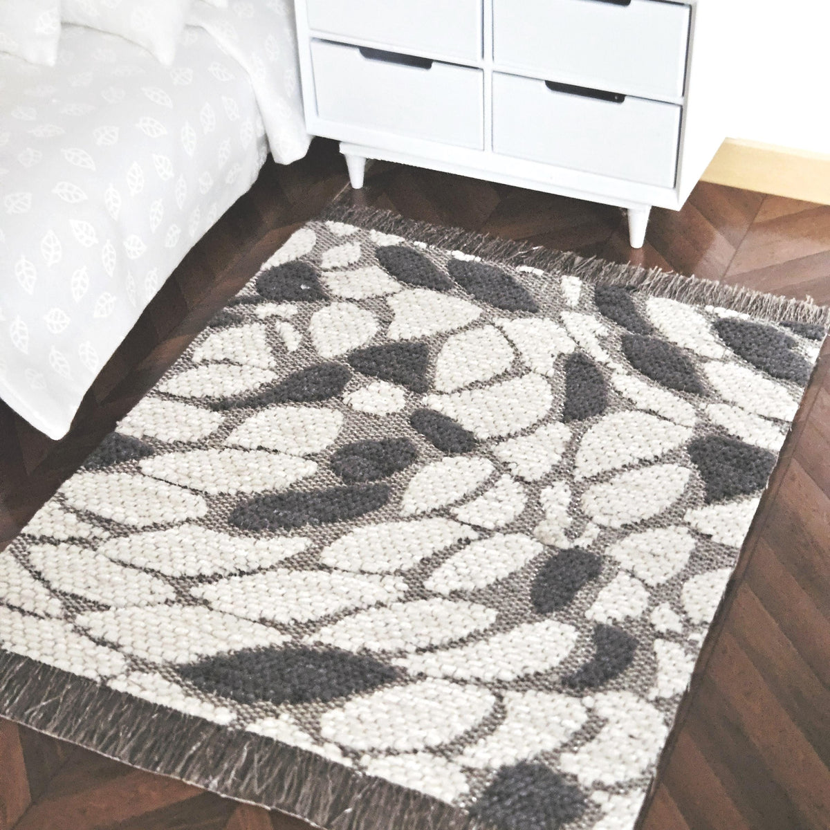 Dolls House Modern Dark Grey and White Pattern Rug