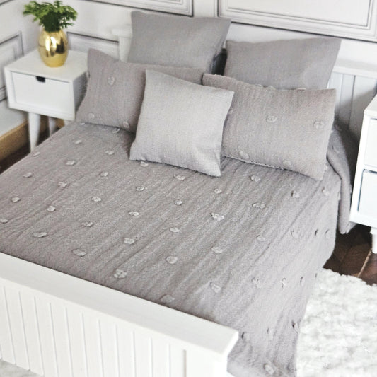 Dolls House Bedding Set: Grey Miniature Double Bed (12th Scale)