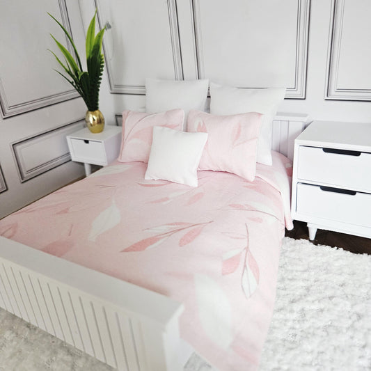 Dolls House Double Bedding Set, Pretty Pink Floral Miniature Bedding, 6 Piece, 12th Scale