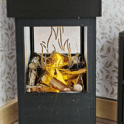Black Log Burner Fireplace with Light – alternate view 4 | 1:12 scale dolls house miniature