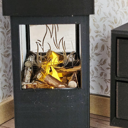 Black Log Burner Fireplace with Light – alternate view 5 | 1:12 scale dolls house miniature
