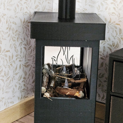 Black Log Burner Fireplace with Light – alternate view 6 | 1:12 scale dolls house miniature