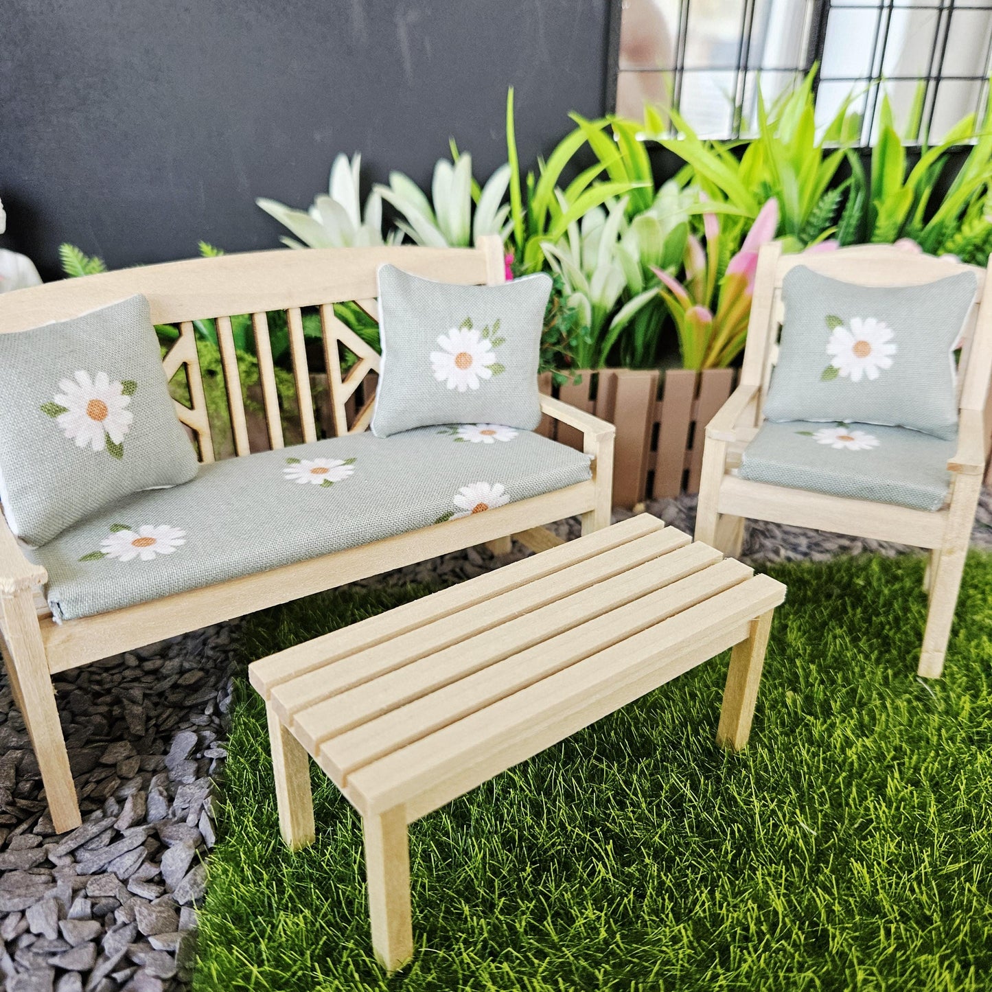 Dolls House Garden Furniture Set, 12th Scale Miniature Bench, Chair, Tables