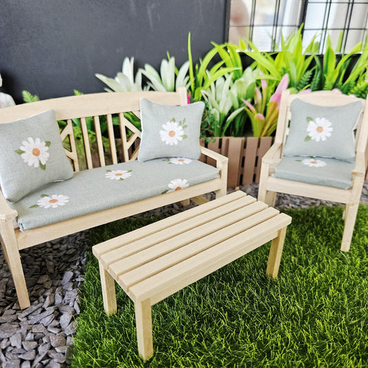 Dolls House Garden Furniture Set, 12th Scale Miniature Bench, Chair, Tables