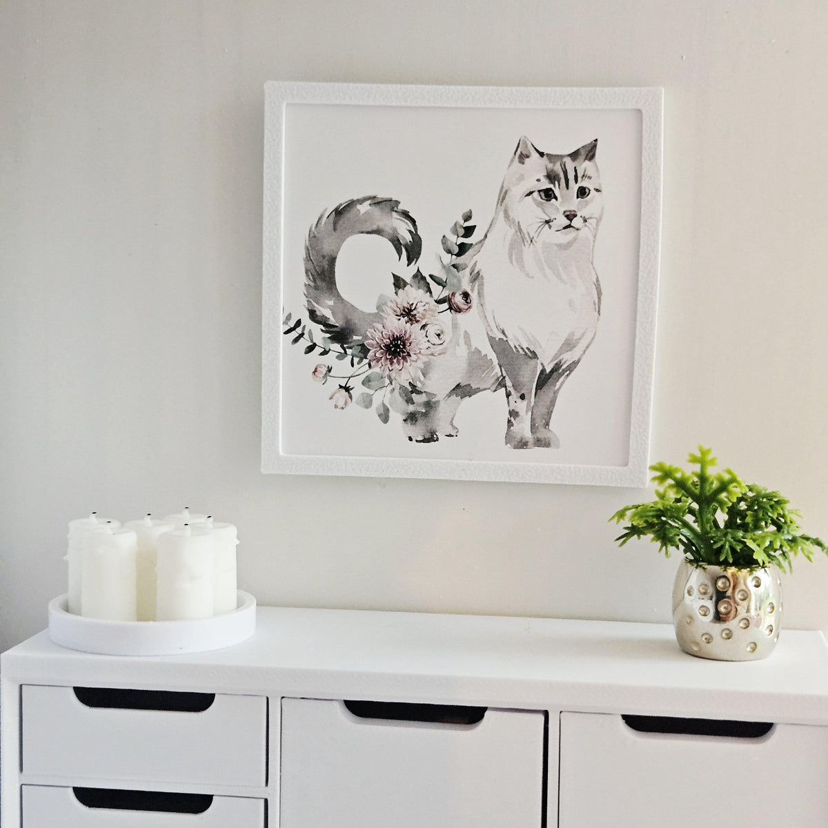 Dolls House Cat Print | Miniature Framed Wall Art, Floral cat picture