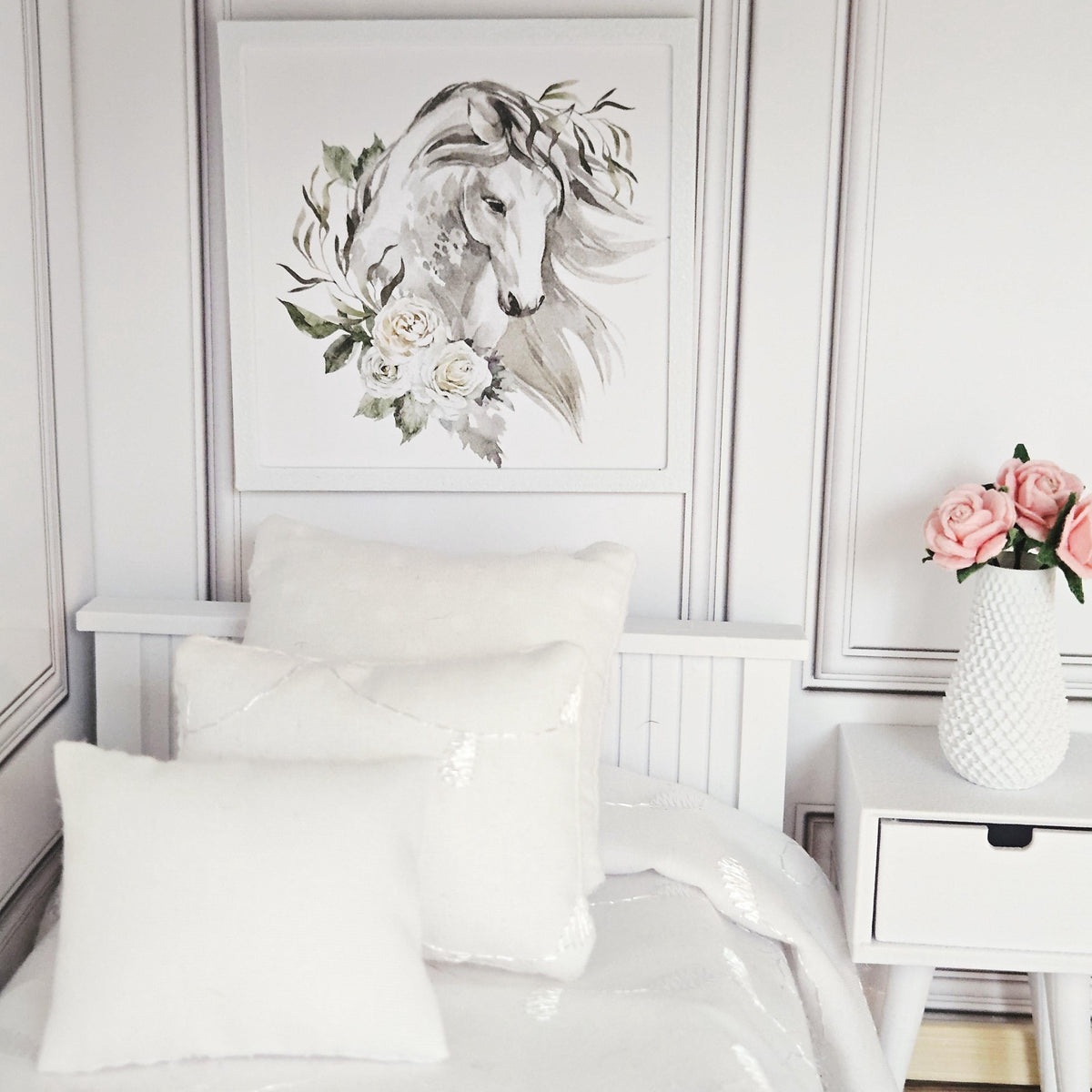 Dolls House Floral Horse Wall Art | Framed Picture | Miniature Decor | 1:12 Scale