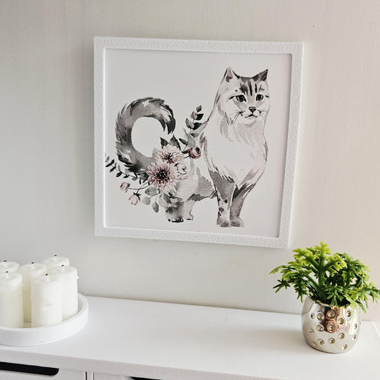 Dolls House Cat Print | Miniature Framed Wall Art, Floral cat picture