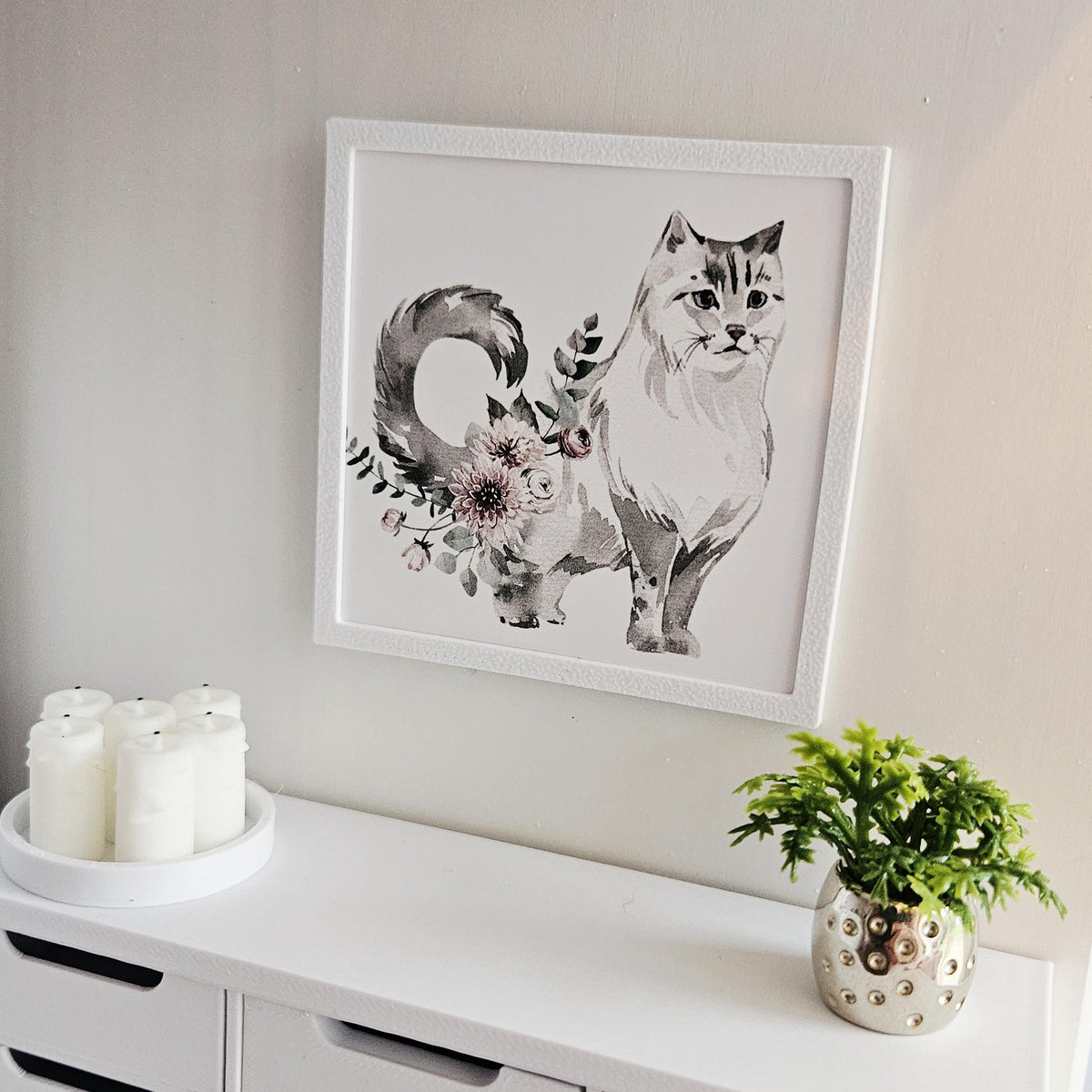 Dolls House Cat Print | Miniature Framed Wall Art, Floral cat picture