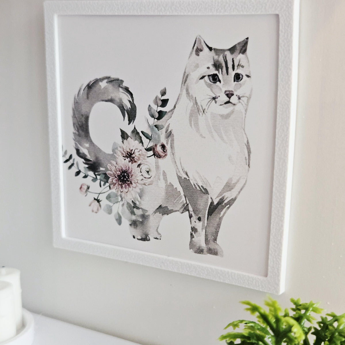 Dolls House Cat Print | Miniature Framed Wall Art, Floral cat picture