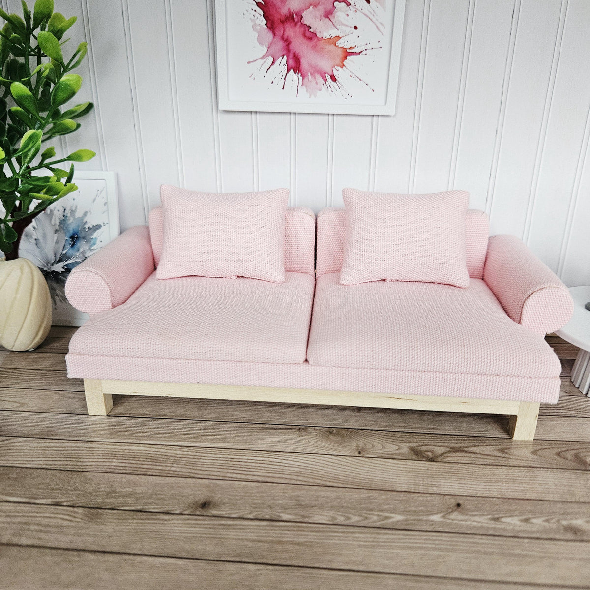 Pink Modern Sofa with 2 Cushions – alternate view 5 | 1:12 scale dolls house miniature