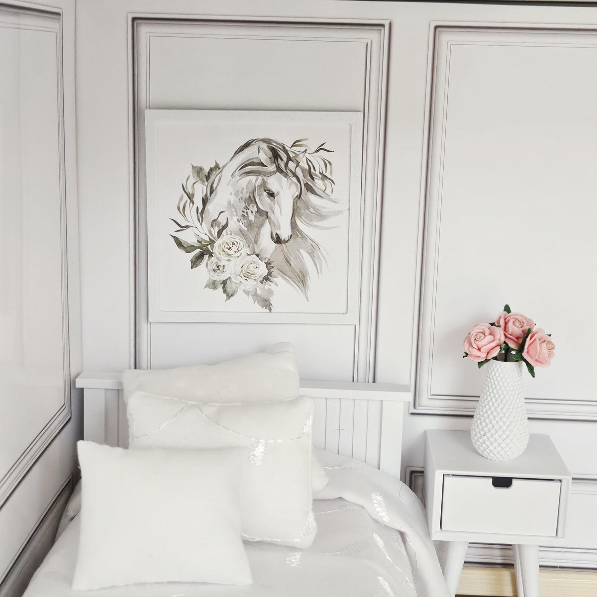 Dolls House Floral Horse Wall Art | Framed Picture | Miniature Decor | 1:12 Scale