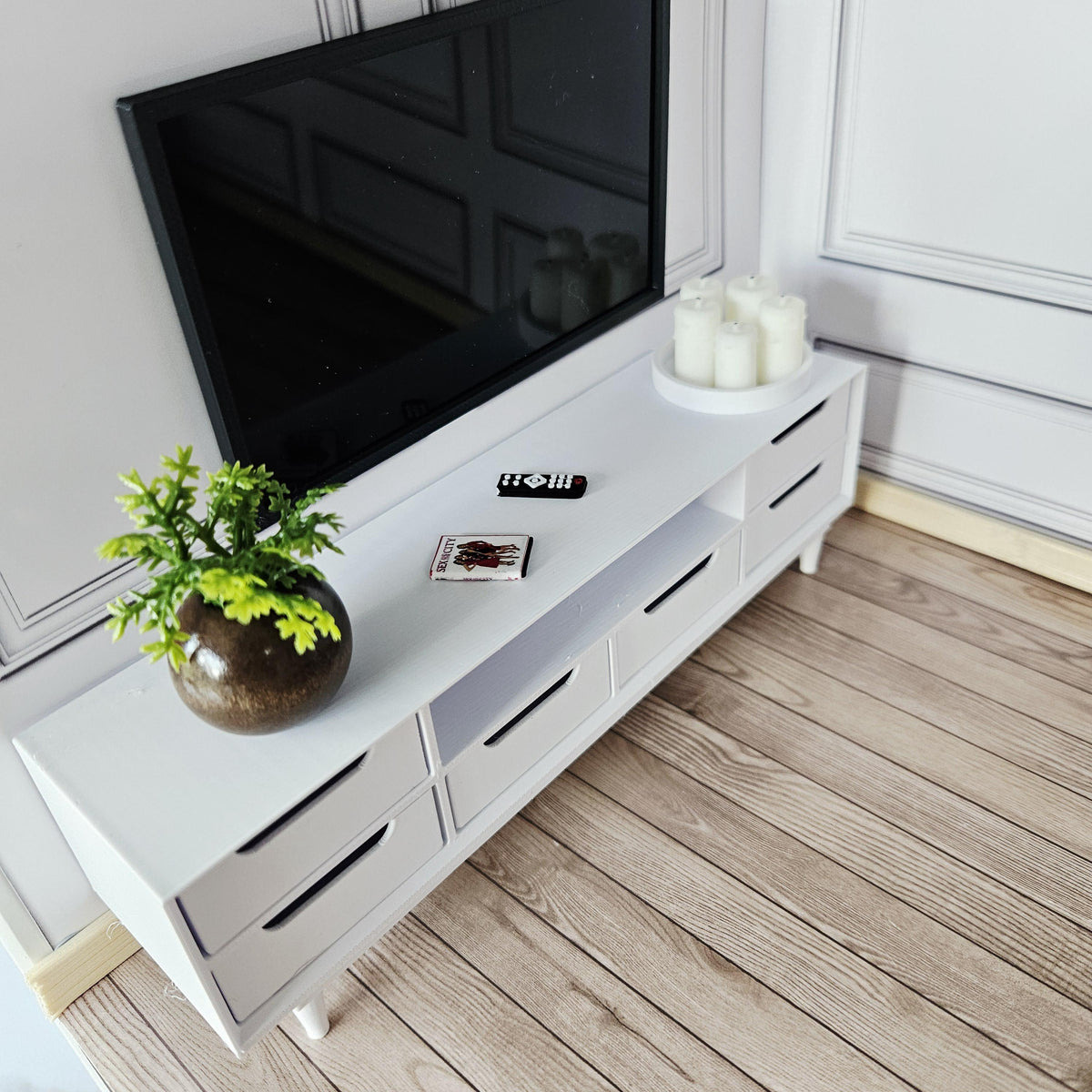 Dolls House Modern TV Unit, 1:12 Scale Miniature TV stand