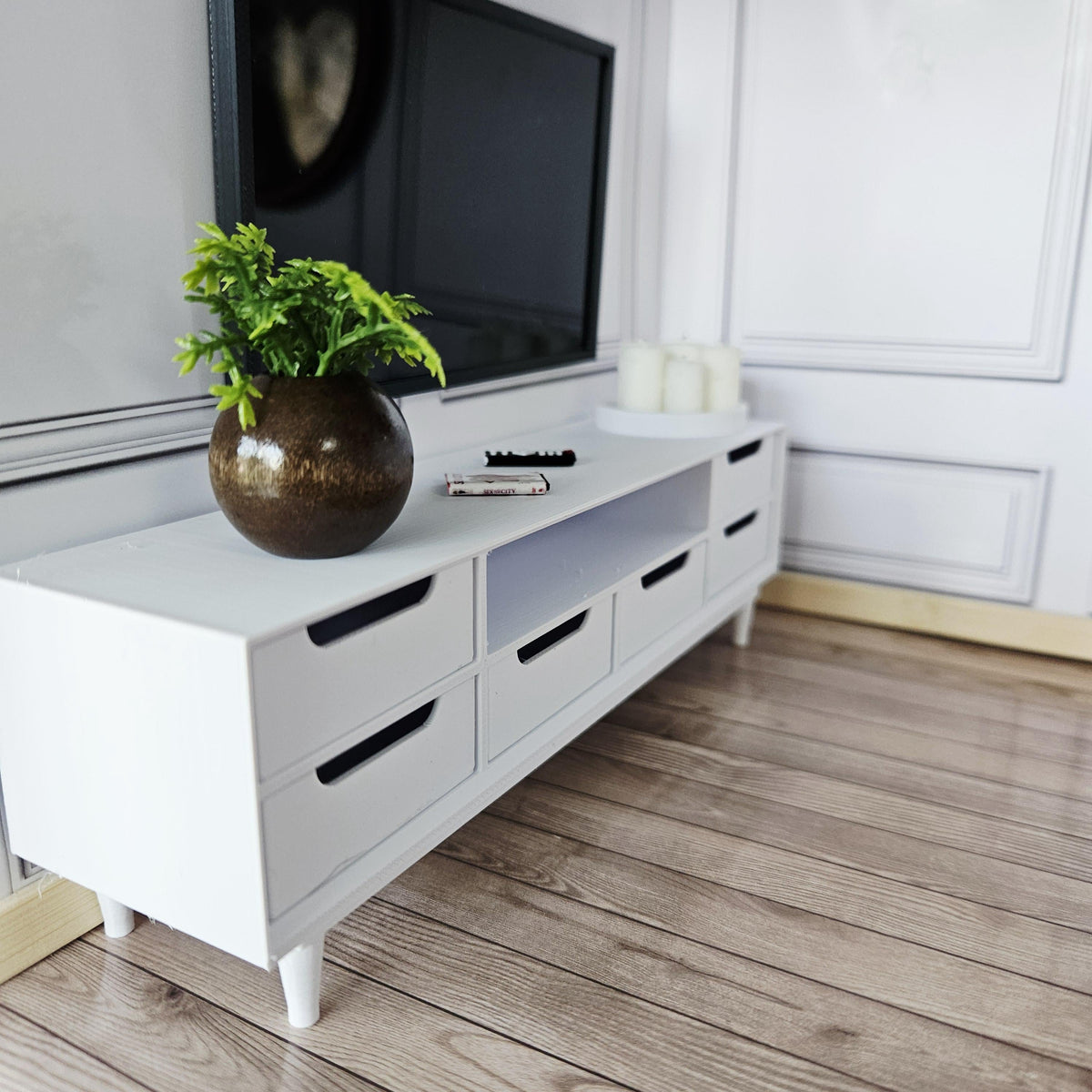 Dolls House Modern TV Unit, 1:12 Scale Miniature TV stand