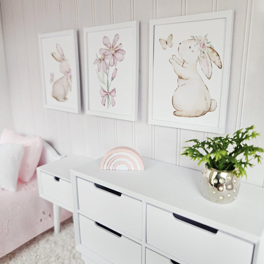 Dolls House Set of 3 Bunny Floral Prints | 1:12 Scale Miniature Framed Wall Art