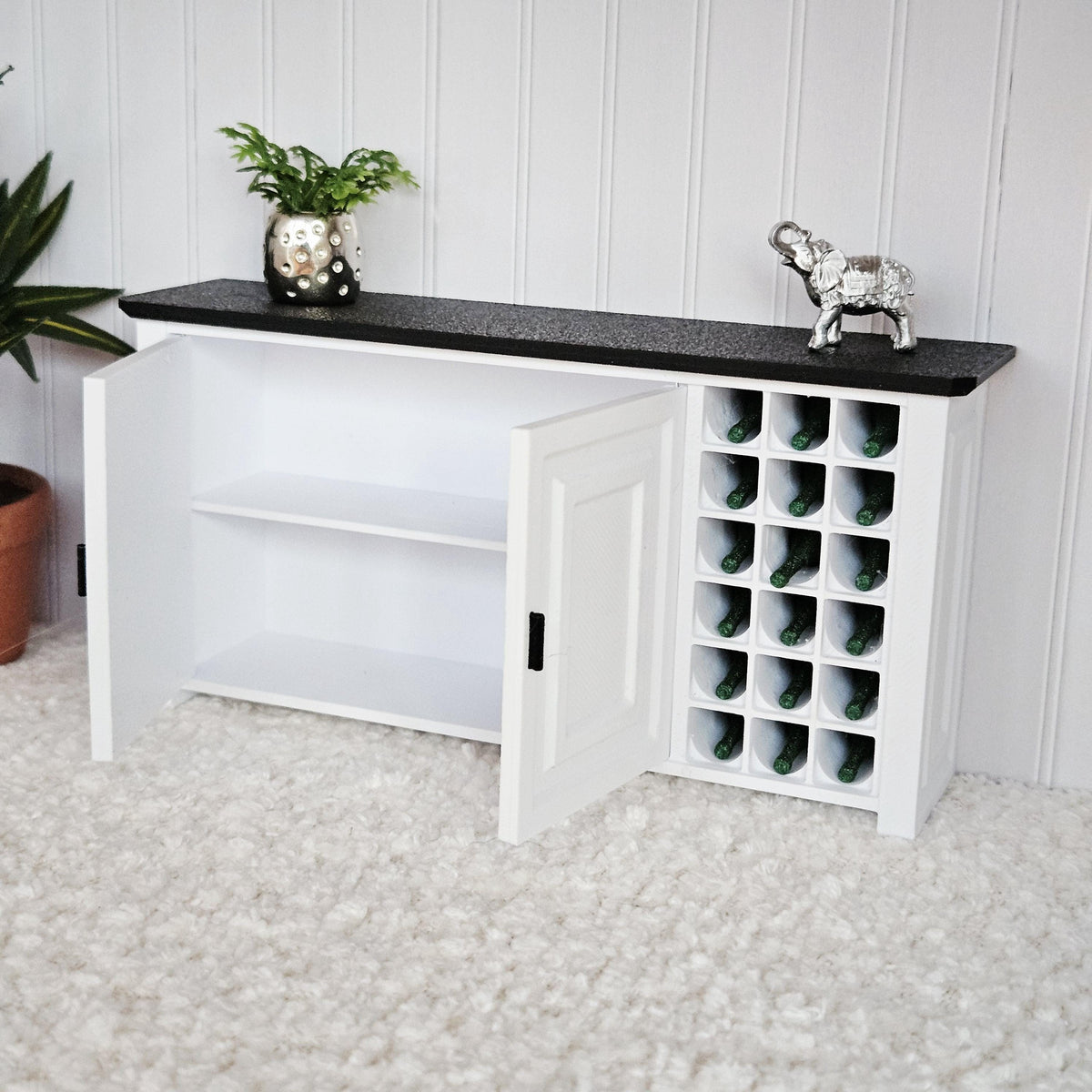 Dolls House Sideboard with Wine Rack | Miniature Cabinet with 18 Bottles | 1:12 Scale Furniture