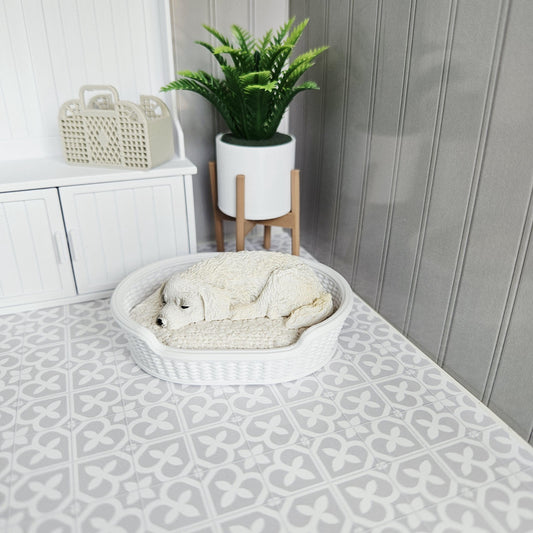 Dolls House Dog Bed | White Rattan Style Pet Bed with Bouclé Cushion | 1:12 Scale Miniature