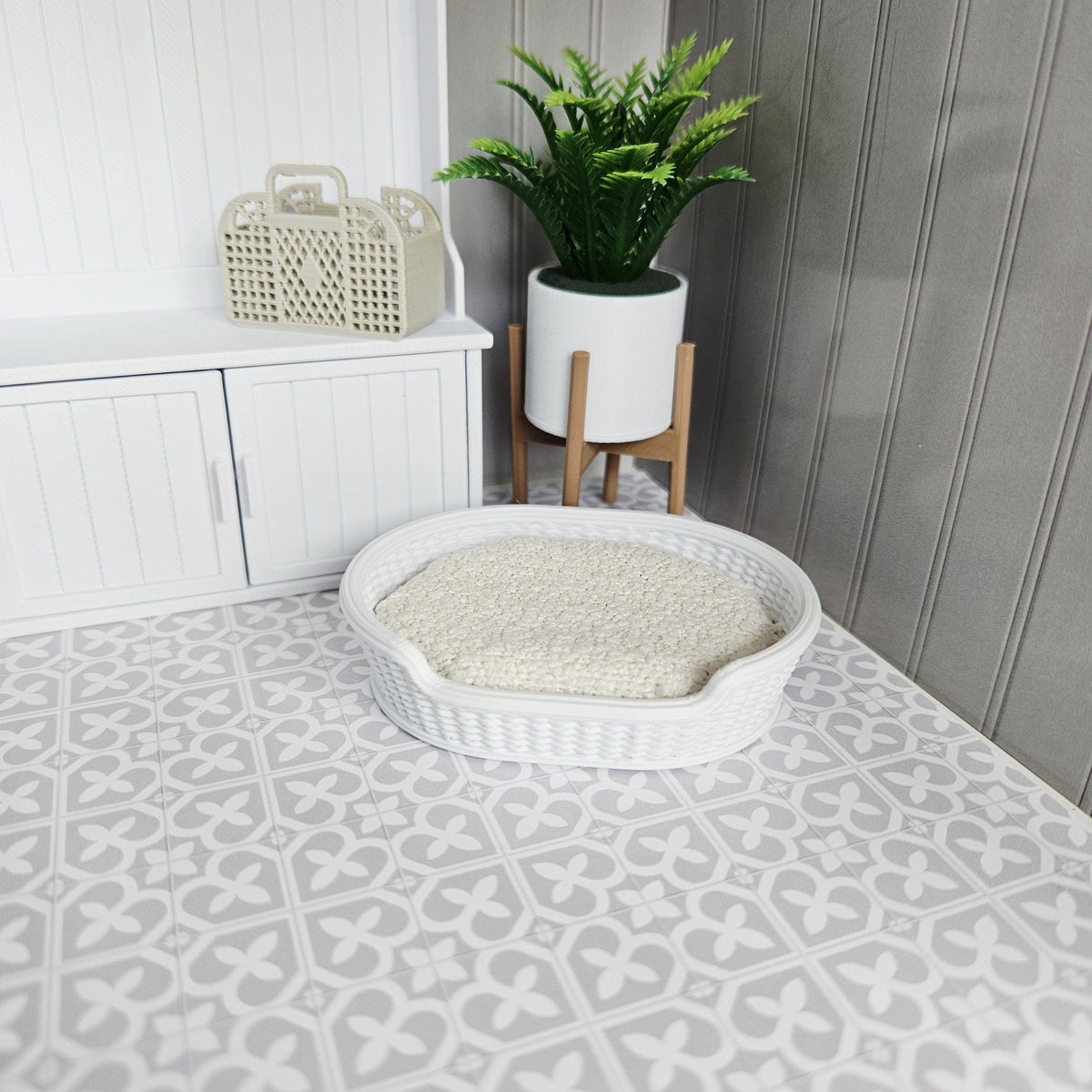 Dolls House Dog Bed | White Rattan Style Pet Bed with Bouclé Cushion | 1:12 Scale Miniature
