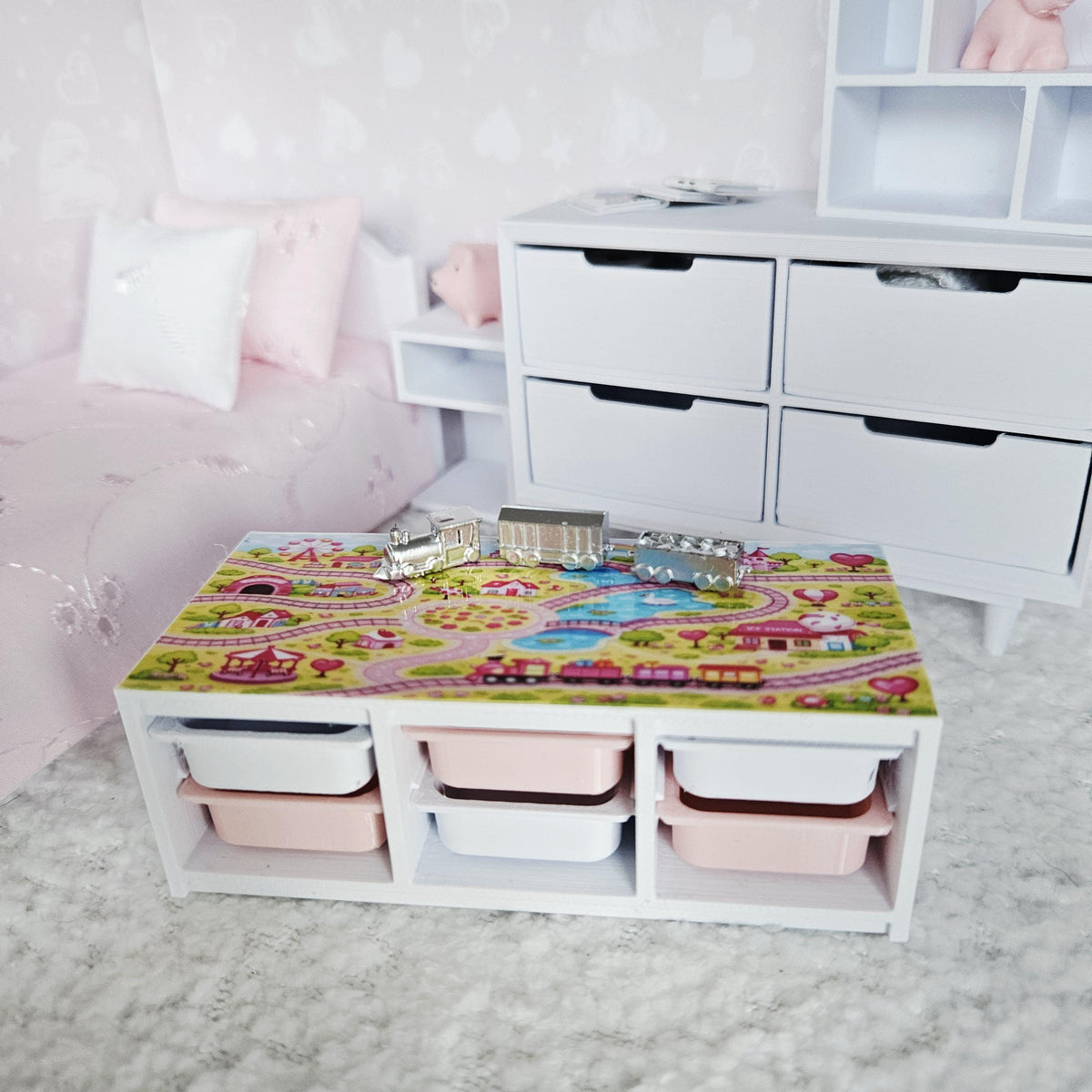 Dolls House Toy Storage Unit with Play Mat Top | Train Map Nursery Storage | 1:12 Scale Furniture