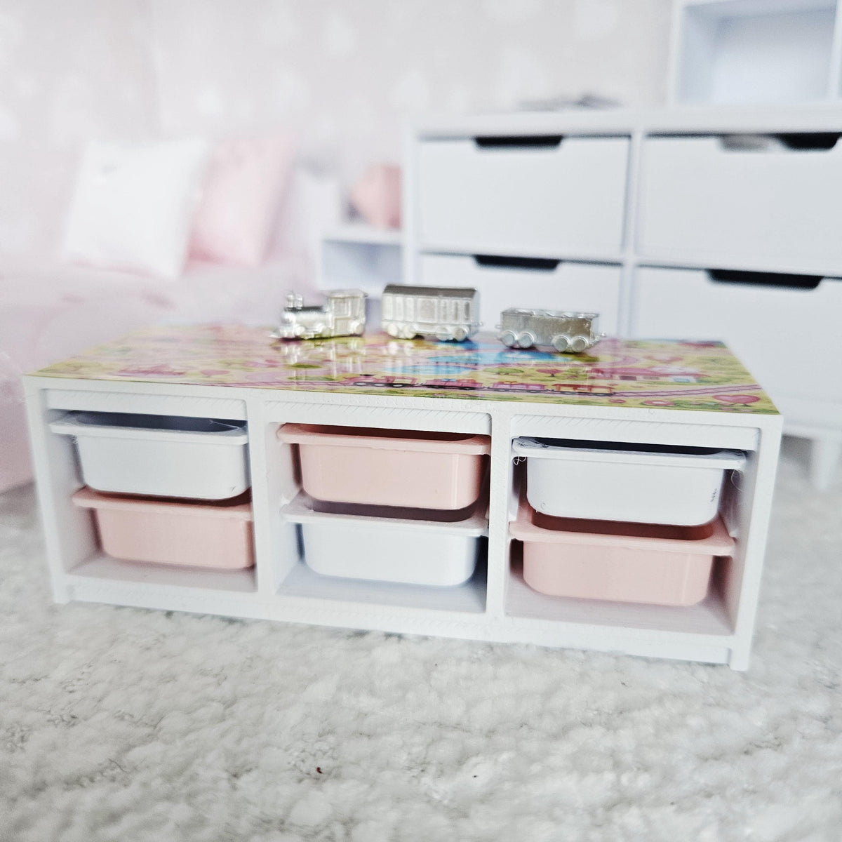 Dolls House Toy Storage Unit with Play Mat Top | Train Map Nursery Storage | 1:12 Scale Furniture