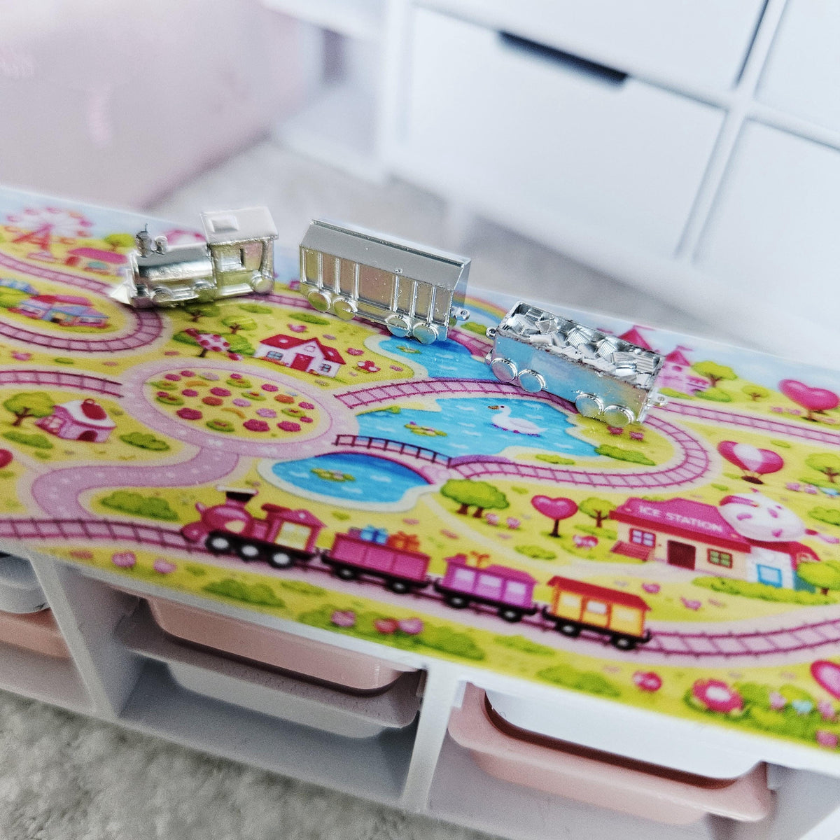 Dolls House Toy Storage Unit with Play Mat Top | Train Map Nursery Storage | 1:12 Scale Furniture