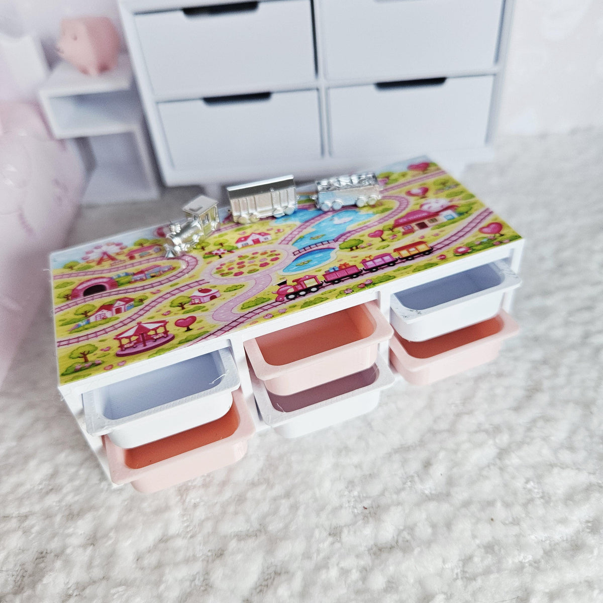 Dolls House Toy Storage Unit with Play Mat Top | Train Map Nursery Storage | 1:12 Scale Furniture